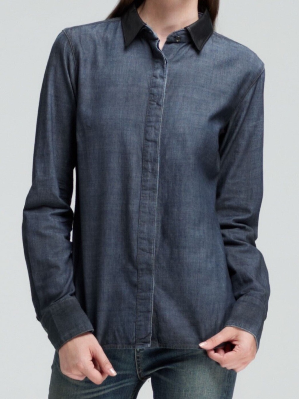 Rag & Bone Chambray Denim Shirt with Leather Collar